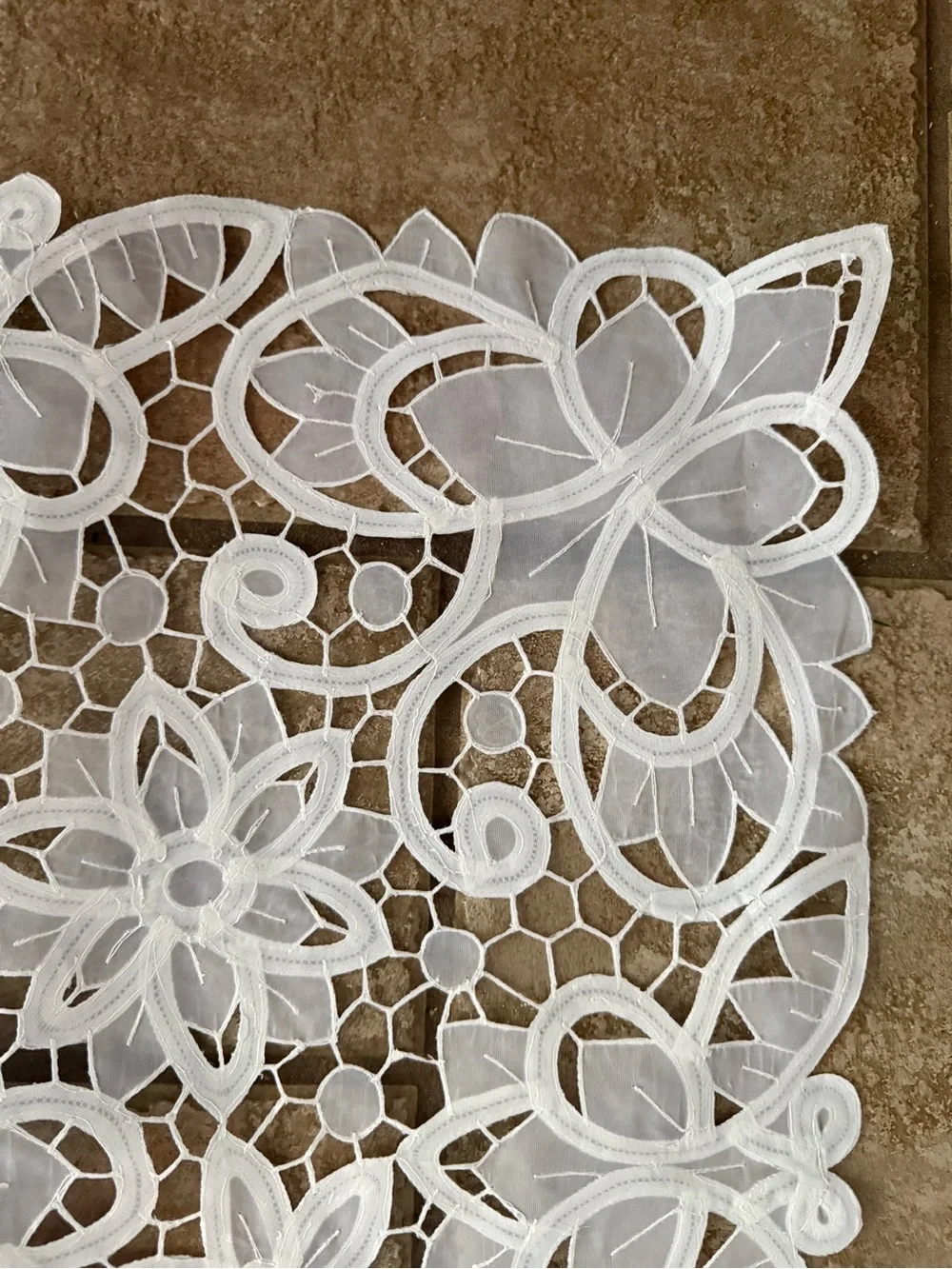 Battenberg Like Lace Tablecloth with Silk & Embroidered Lace - 34”square. Mint.